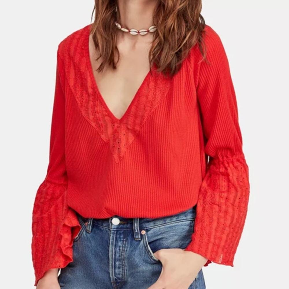 Free People Parisian Nights Top XS Red Orange Ribbed Eyelet Bell Sleeve Bohemian